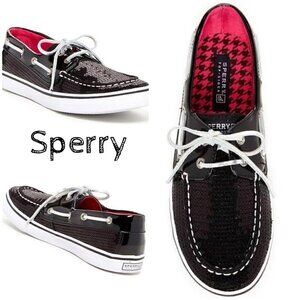 Sperry Bahama Black Canvas Sequin Boat Shoes. spar
